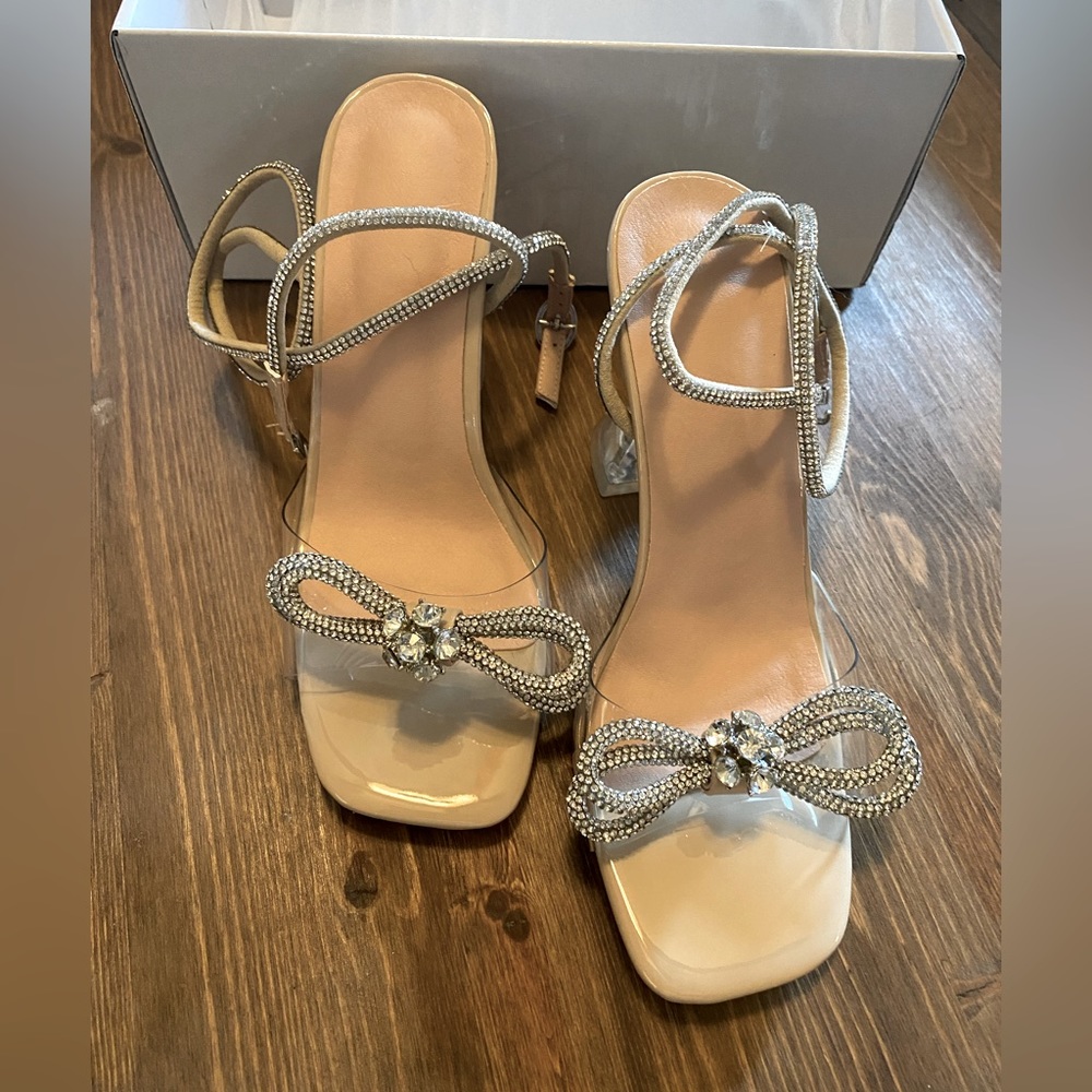 Yolkomo Women's Square Toe Clear Heels Sexy Rhinestone Bow Heels Open Toe